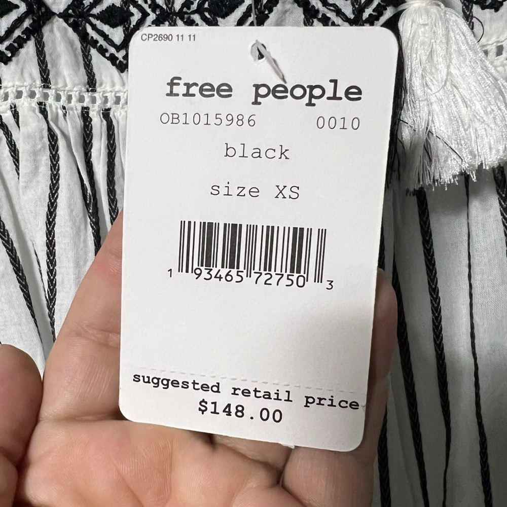 Free People Black White Striped Lola Embroidered Mini Dress XS Boho Oversized - Picture 8 of 12